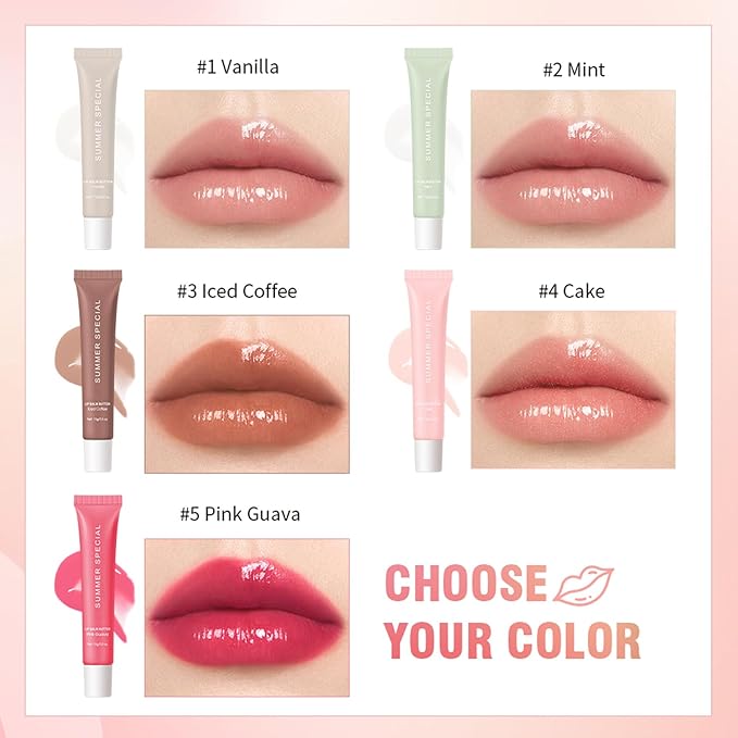 5 PCS Summer Special Lip Butter Hydration Lip Gloss with Shea Butter & Olive Oil Soothes Dry Lips and Lip Care Lip Balm with Natural Tint & Gloss Effect Lip Stain Vanilla/Mint/Iced Coffee/Cake/Guava
