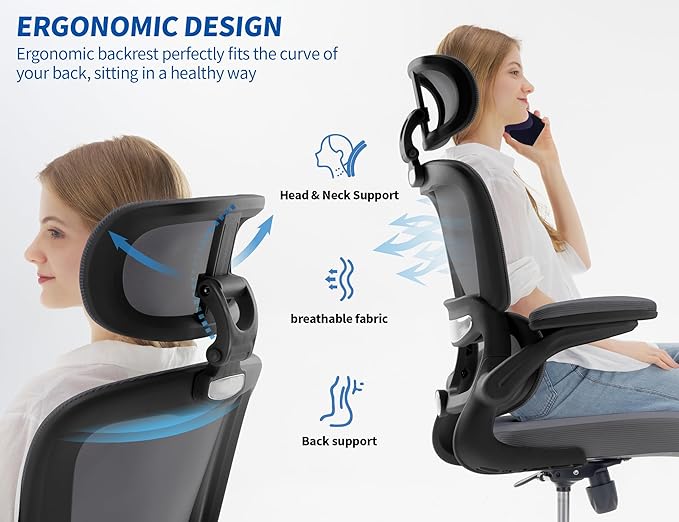 TRALT Ergonomic Office Chair - Desk Chair with Adjustable Headrest Lumbar Support Computer Chair - Mesh Comfy Chair with Flip-up Armrests - Gaming Chairs for Adults Home Office (Leather, Dark Grey)