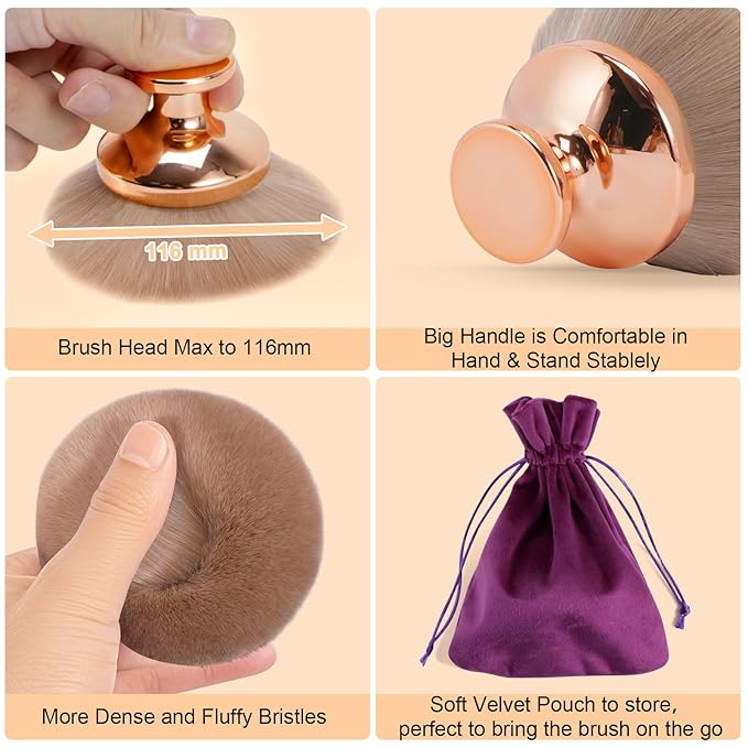 Blend & Blur Extra Large Body Makeup Brush for Self Tanner,Leg Makeup & Bronzer Self Tan Applicator, 90mm Wide Round Head Kabuki Brush For Application with Drawstring Bag (Rose Gold)