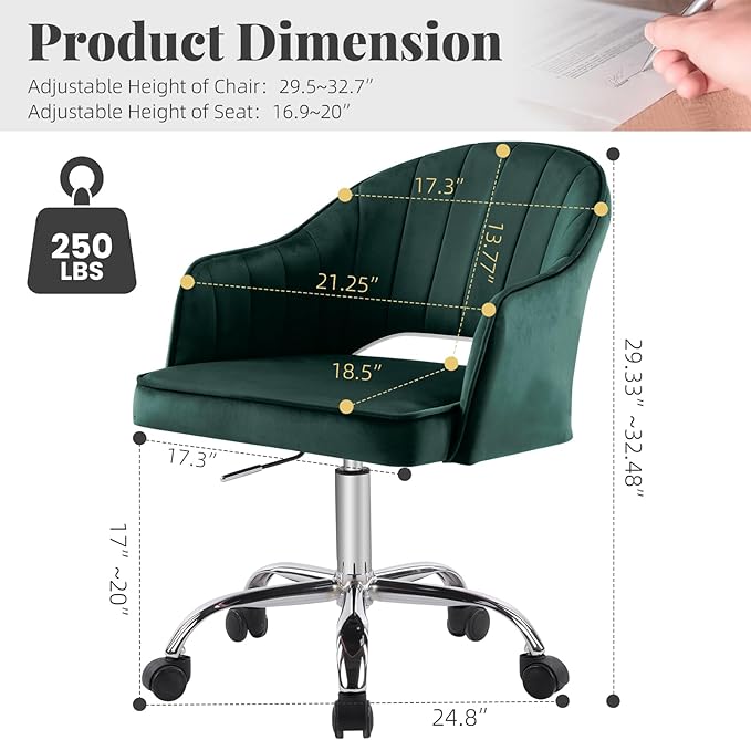 MOJAY Modern Mid-Back Tufted Velvet Office Chair, Swivel Height-Adjustable Home Desk Chair,Cute Velvet Soft Seat Vanity Chair with Rivet and Arm Support (Green2)
