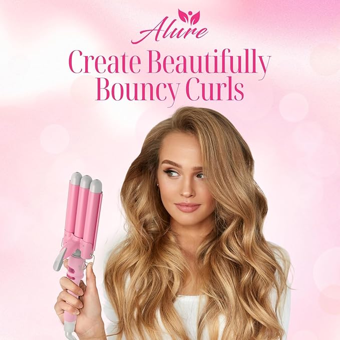 Alure Three Barrel Curling Iron Wand with LCD Temperature Display - 1 Inch Ceramic Tourmaline Triple Barrels, Dual Voltage Crimping Tool, Best Hair Waver for Beachy/Frizz Free Waves (White/Pink)