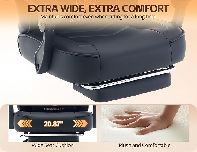 Office Chair Breathable Leather with Pocket Spring Cushion, Wide and High Ergonomic Computer Gaming Chair with Headrest and Footrest for Adult, Black