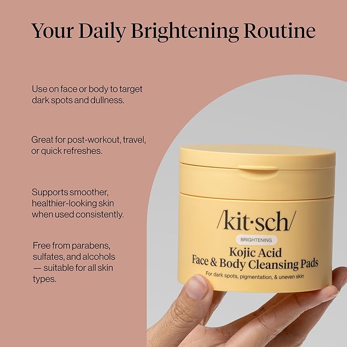 Kitsch Kojic Acid Cleansing Pads with Turmeric & Cica to Smooth, Refresh & Even Tone Skin Care – Exfoliating & Brightening Pre-Soaked Cotton Pads for Face and Body – 50 count