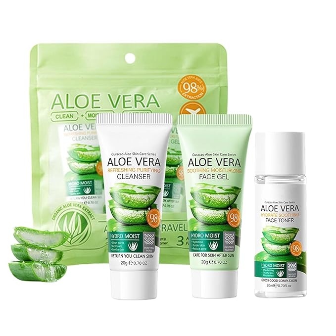 Aloe Vera Face Skincare Set,3 Pcs Moisturizing Aloe Vera with Aloe Vera Gel,Face Wash,Toner,Pure Organic Aloe Vera for All Skin Types,Travel Skincare Kit for Women(3PCS)
