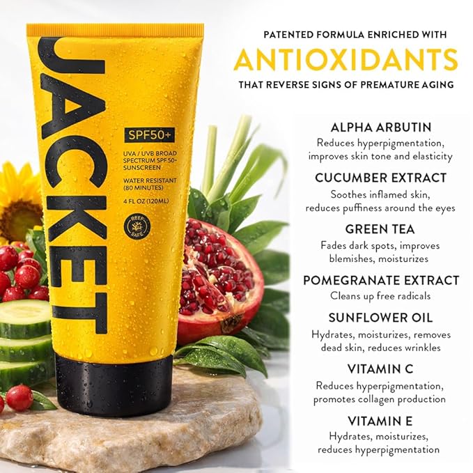 JACKET Sunscreen SPF 50+ | Mineral Sunscreen with Vitamin C | Water Resistant 80 Min, Natural, Reef Safe | UVA/UVB Broad Spectrum Protection for Face & Body, 4 FL Oz