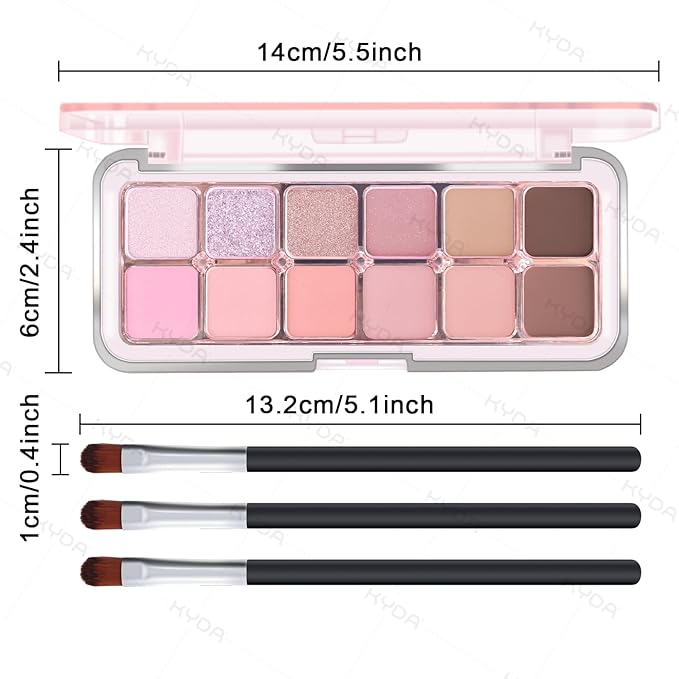 KYDA 12 Colors Pink Candy Eyeshadow Palette with Brush, High Pigment Matte Shimmer Pink Eye Shadow, Netural Eyes Palette for Women, Soft Blendable Powder Eyeshadow, Korean Eyes Makeup