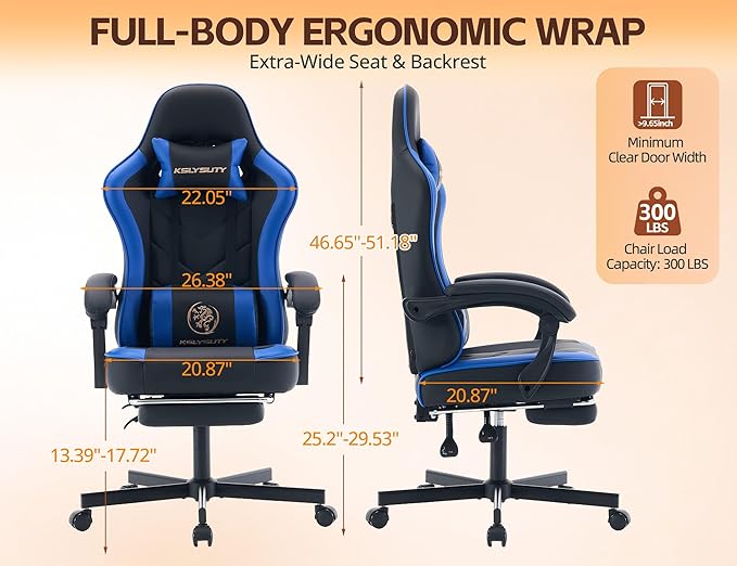Office Chair Breathable Leather with Pocket Spring Cushion, Wide and High Ergonomic Computer Gaming Chair with Headrest and Footrest for Adult, Black and Blue