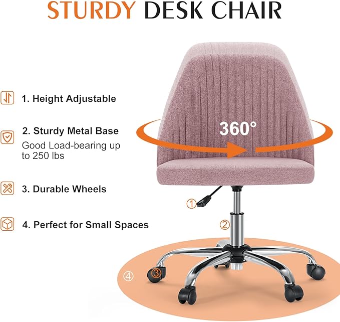 Sweetcrispy Armless Vanity Chair, Cute Comfy Home Office Desk Chair with Wheels, Modern Upholstered Task Computer Seat for Bedroom, Study, Makeup Vanity, Height Adjustable & Swivel Fit, Dusty Pink