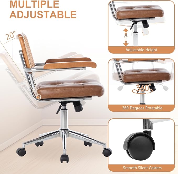 Rattan Office Chairs, Modern Desk Chair with Natural Rattan Back & Wood Armrest, Small Upholstered Tufted Leather Home Office Desk Chairs for Home Ofice, Bedroom, Study (Brown, Genuine leather)