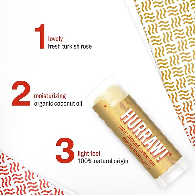 Hurraw! Almond, Cardamom, Rose (Vata) Lip Balm: Organic, Certified Vegan, Cruelty and Gluten Free. Non-GMO, 100% Natural Ingredients. Bee, Shea, Soy and Palm Free. Made in USA