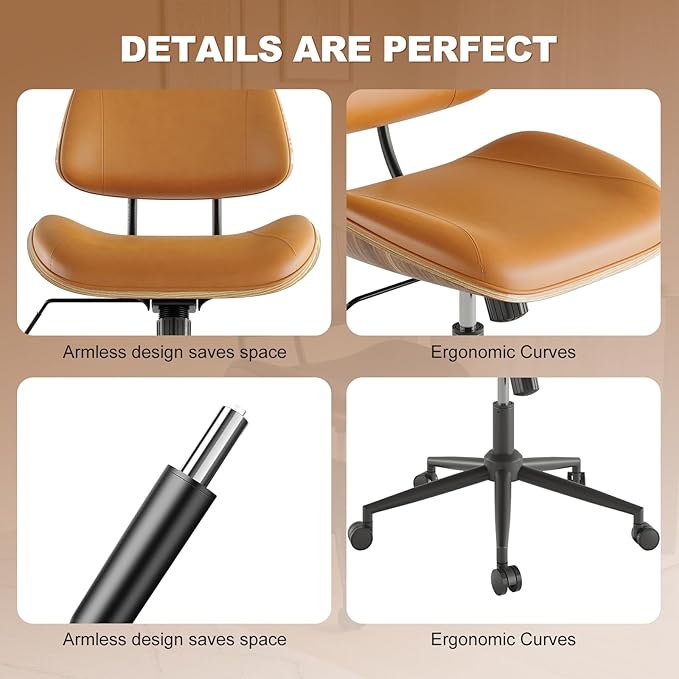 Armless Office Chair with Wheels, PU Leather Adjustable Height Desk Chair - 360° Swivel Ergonomic Computer Chair for Small Space, Modern Walnut Style, Home & Meeting Room, Brown