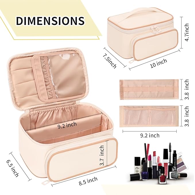 OCHEAL Makeup Bag, Multifunctional Large Compact Organizer Cosmetics Toiletry Brushes Storage Case for Women Girls with Handle Divider - Beige