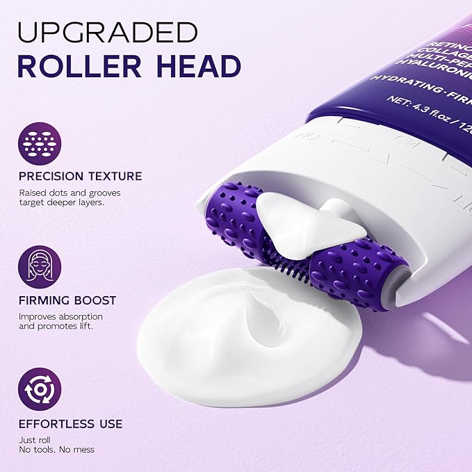 Neck Firming Cream with Roller, Tighten & Lift Neck & Chest Moisturizing Cream, Anti-Aging, Smooths Wrinkles & Crepey Skin, Visibly Firming, Multi-Peptide, Retinol, Collagen, Hyaluronic Acid 4.3 Fl Oz