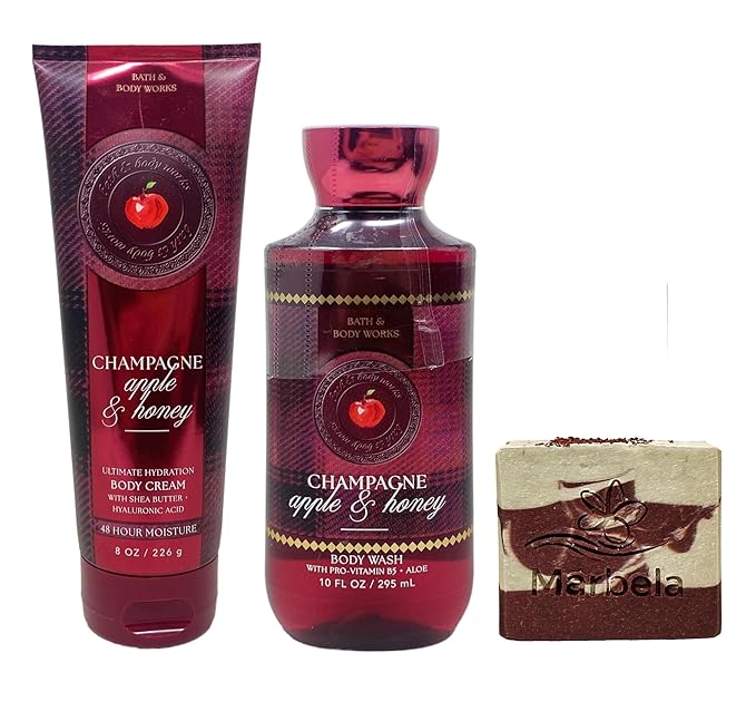 Bath & Body Works Champagne Apple & Honey Body Cream and Body Wash Duo Set with a Cherry on Top Bar Soap - Full Size