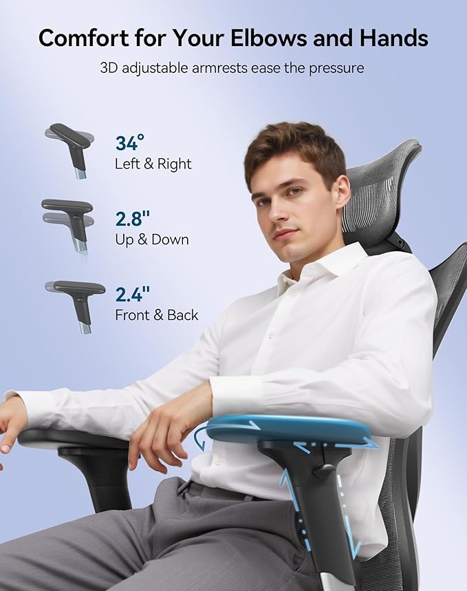 SIHOO M57 Ergonomic Mesh Office Chair, High Back Home Desk Chair with 3D Armrests, Lumbar Support and Adjustable Headrest, Comfortable Computer Chair, Big & Tall Office Chair Hold 330 LBS-Grey