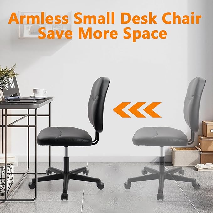 CLATINA Armless Home Office Chair, Small PU Leather Ergonomic Low Back Desk Chair with Lumbar Support and Wheels, Adjustable Height 360° Swivel Rolling Computer Task Chair, Black, 2 Pack