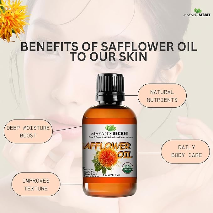 Mayan's Secret Organic Safflower Oil – High Oleic, Expeller Pressed, 100% Pure & Non-GMO, Rich in Vitamin E & Oleic Acid, Deep Moisturizing Oil for Soft Healthy Skin