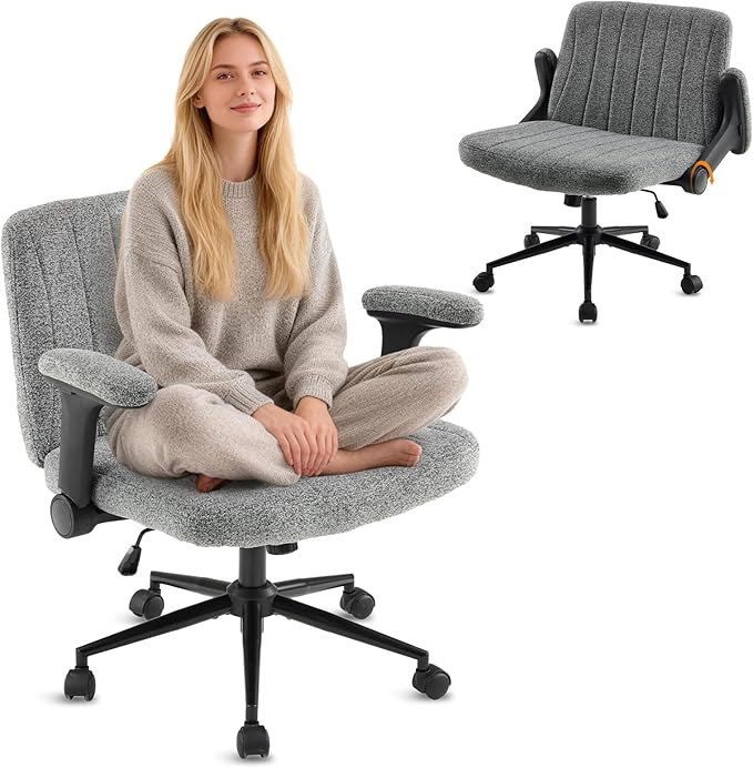 VINGLI Criss Cross Chair with Adjustable Flip-Up Arms,Cross Legged Chair with Wheels, Extra Wide Office Chair,Cozy Desk Chair for Home Office, Vanity, Apartment,Chenille Velvet,Grey