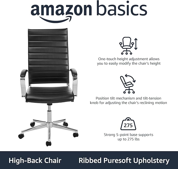 Amazon Basics High-Back Swivel Office Chair with Lumbar Support, Ergonomic Ribbed Faux Leather, Adjustable Height, 45.25" x 24.75" x 23.25", Black