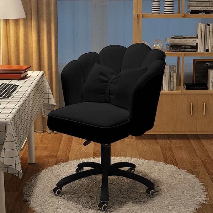 Petal Desk Chair with Bow Cushion Velvet Vanity Chair with Wheels, Upholstered Home Office Chair for Girls Women, Mid-Back Swivel Computer Task Chairs for Living Room Bedroom
