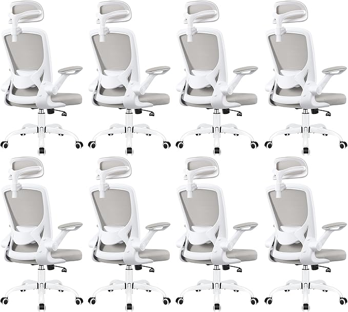Office Desk Chair, Ergonomic Mesh Office Chair with Adjustable Lumbar Support, Headrest, Flip-up Armrests, Comfortable Computer Chairs for Home, Work, Gaming, (Light Gray, 8 Pack)