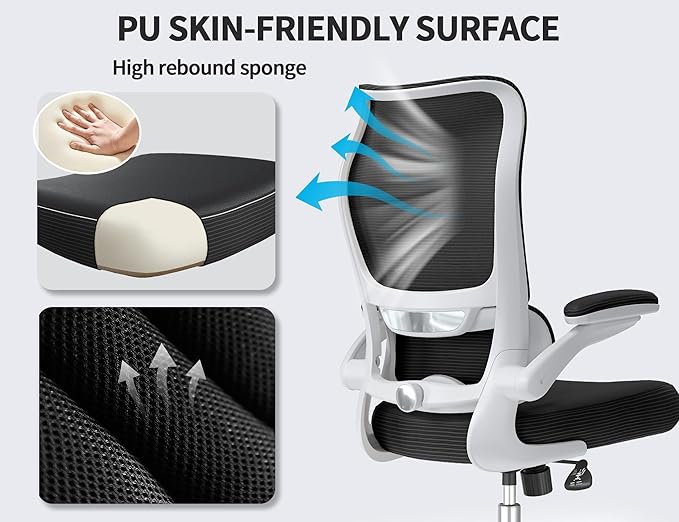 TRALT Ergonomic Office Chair - Desk Chair with Wave High Back Adjustable Lumbar Support Computer Chair - Gaming Chairs Mesh Backrest and PU Leather Seat for Home Reading Chairs to Adults (Black White)