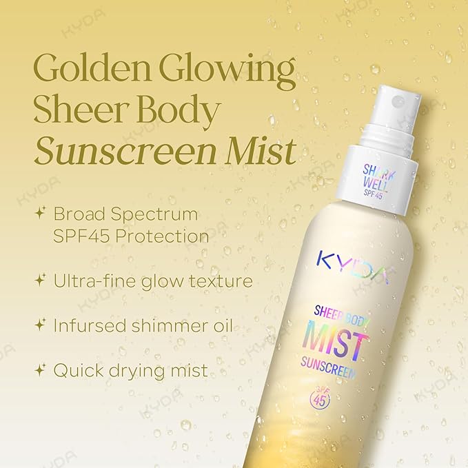 KYDA Glow Sunscreen Kit, Includes SPF 45 Body Glow Oil + Sheer Body Sunscreen Spray, Summer Beach Essentials Gift Set, Water Resistant, Moisturizing, GOLD