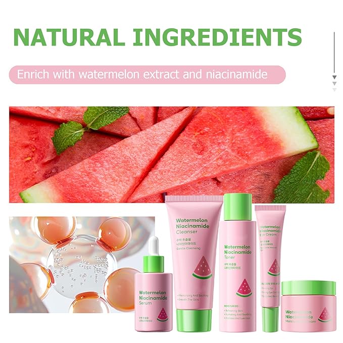 Watermelon Niacinamide Skin Care Set, Skin Care For Kids & Girls With Cleanser,Toner,Eye Cream,Cream,Serum,Headbeand & 2PCS Guasha, Skincare For Girls 10-12, Routine Beauty Skin Care For Teens Gift