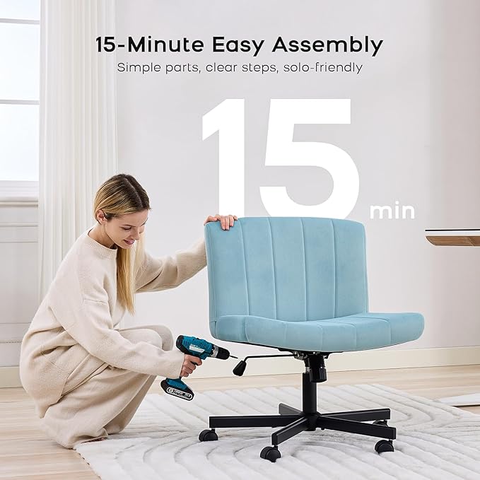 LukkDys Criss Cross Chair with Wheels, Wide Cross Legged Desk Chair, Comfy Fabric Vanity Chair for Home Office Bedroom, Adjustable Armless Swivel Task Chair with 90–115° Tilt, Pale Blue