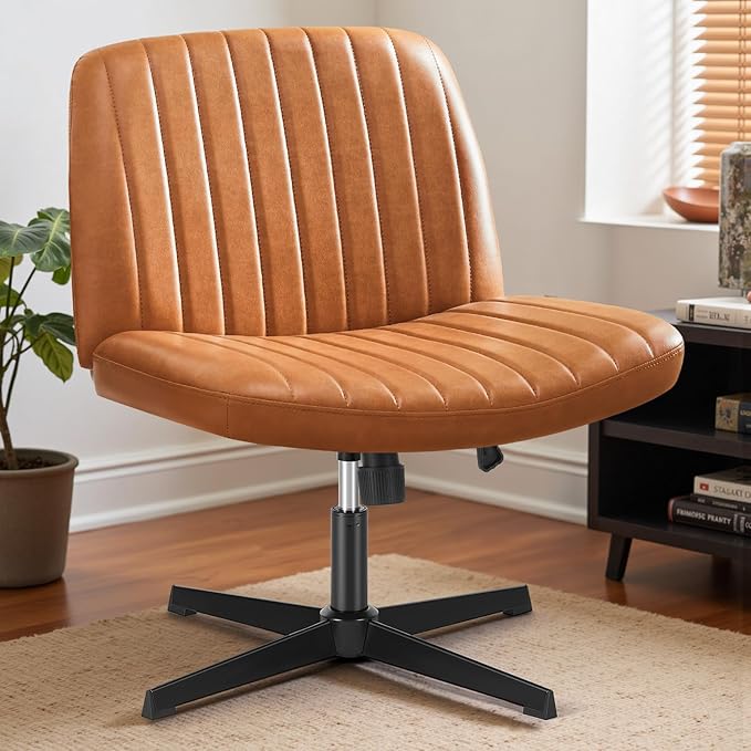 DUMOS Desk Chair No Wheels, Criss Cross Chair Wide Cross Legged Office Desk Vanity Chair, PU Leather Armless Adjustable Swivel Chairs for Home Computer Task Brwon