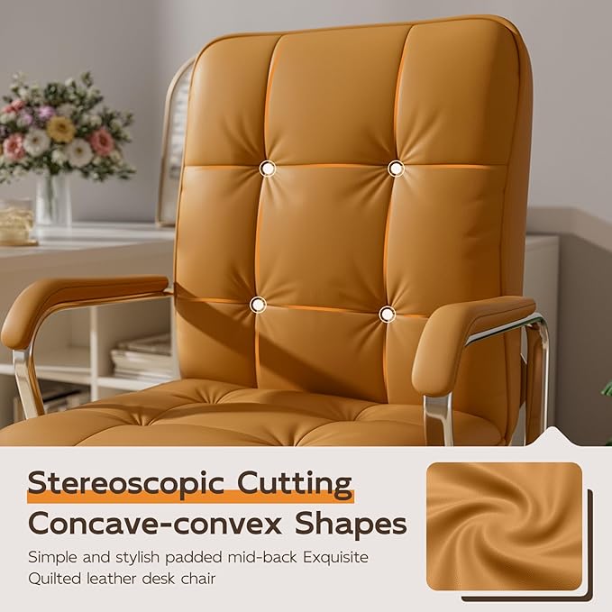 Brown Leather Office Desk Chair, Swivel Computer Home Office Desk Chair with Wheels and Padded Arms, Adjustable Height and Tilt