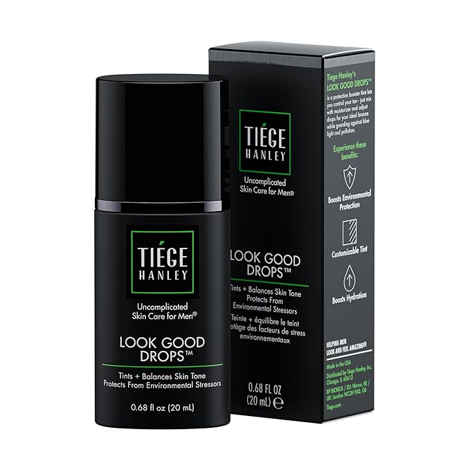 Tiege Hanley Look Good Tanning Drops for Men, Daily Tinted Face Moisturizer Mix-In with Hyaluronic Acid for Hydration, Natural Tan Finish and Antioxidant Support, Men’s Skin Care, 20 ML