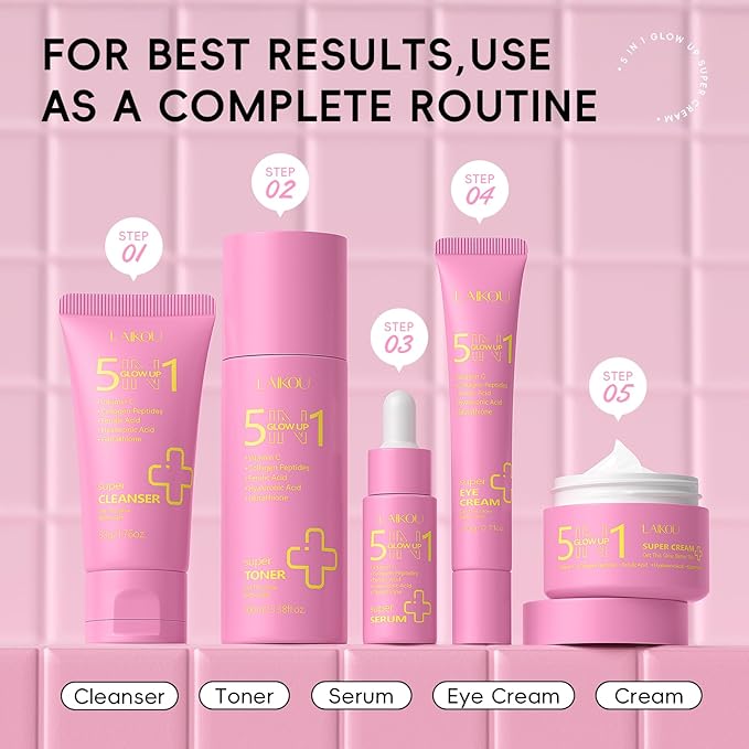 LAIKOU 5 in 1 Skin Care Set, Glow up Gift Set for Women, Skincare Gift Set with Hydrolyzed Collagen Eye Cream, Toner, Cream, Serum, Cleanser and Headband for Women Teen Girls Mother's Day Christmas