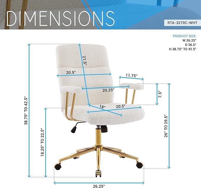 Elegant White and Gold Fuzzy Office Chair with Textured Boucle Fabric, Modern Desk Chair with Padded Seat, Height Adjustable with Durable Gold Base