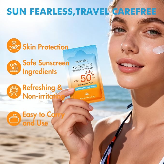 50 Pack Bulk Travel Size Sunscreen for Face and Body, SPF 50 Sunscreen Lotion, Lightweight and Non-Greasy, Mini Size for Summer Travel, Outdoor Activities, 0.19 OZ/Pack