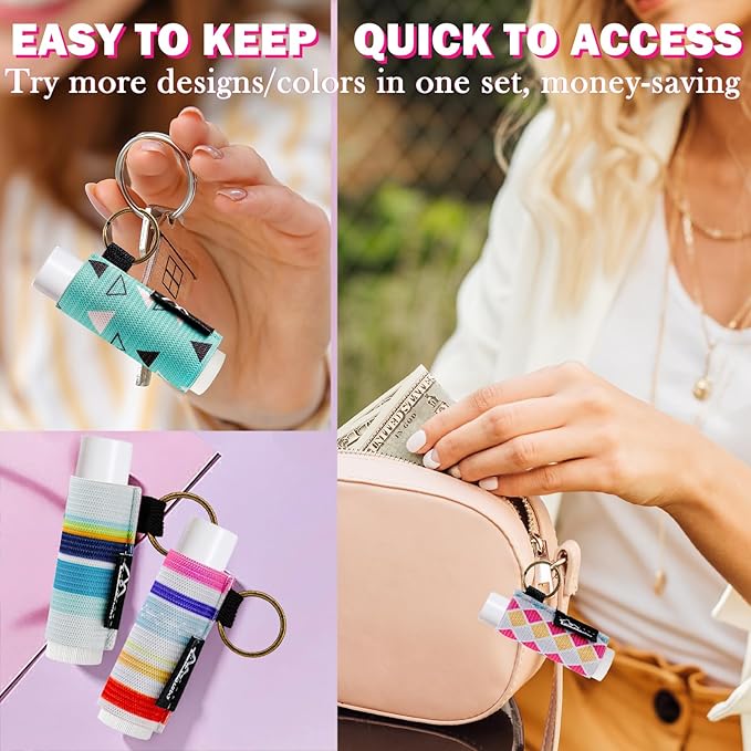 WK IEASON 6PCS Lip Balm Holder Bulk Lipstick Holder Key chain Lip Gloss Sleeve Keychain -Tight Elastic Holder Sleeve for Fat and Slim Lip Balms & Gloss and Lip Sticker(Geometric Strap set)