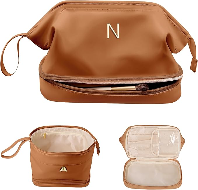 Work Gifts for Women, Personalized Makeup Bag, Monogrammed Gifts, Initial Double Layer Cosmetic Bag with Makeup Brush Organizer, Travel Toiletry Bag, Gifts for Friends, Teen Girl Gifts