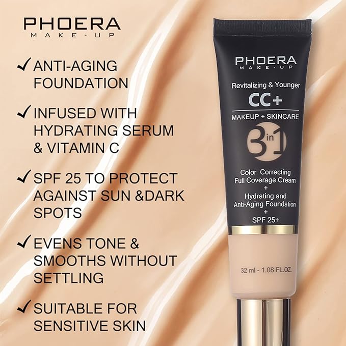 PHOERA CC+ Cream,Full Coverage Foundation，Color Correcting Cream,Anti Aging Hydrating Serum & SPF 25+ Sunscreen - Natural Finish - 1.08 fl oz (200 Mocha)