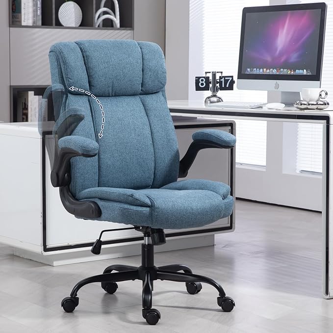 Office Chair High Back Ergonomic Executive Computer Desk Chair Comfortable Fabric Padded Home Office Desk Chairs with Flip-up Arm Rest Adjustable Height Swivel Wheels (Blue)