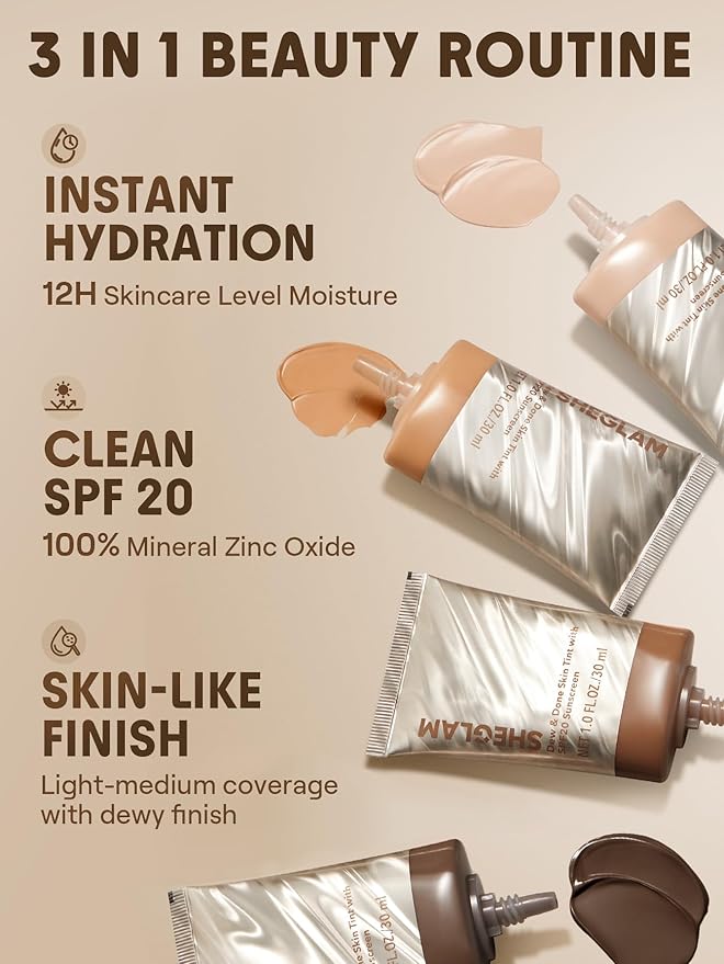 SHEGLAM Dew & Done Skin Tint with SPF20 Light-medium Coverage Foundation Evens Skin Tone-Sand