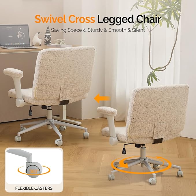VINGLI Criss Cross Chair with Adjustable Flip-Up Arms,Cross Legged Chair with Wheels,Extra Wide Office Chair,Desk Chair for Home Office,Vanity,Bedroom, Apartment,Starry Chenille,White