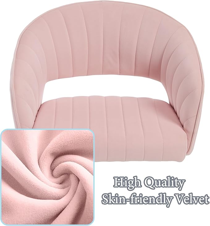 Modern Velvet Vanity Chair, Home Office Desk Chair with Hollow Back, Upholstered Dining Chair with Gold Metal Legs, Comfy Accent Armchair for Living Room Bedroom, Light Pink