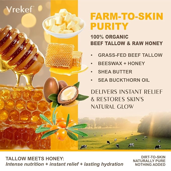Beef Tallow for Skin (4.2 oz)– Tallow and Honey Balm for Face & Body – Grass-Fed Tallow with Beeswax, Sea Buckthorn Oil, Shea Butter, Vitamin E – Natural Moisturizer