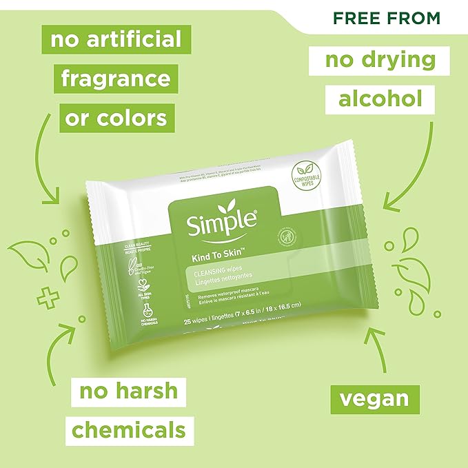 Simple Kind to Skin Facial Wipes Gentle and Effective Makeup Remover Cleansing Free from color and dye artificial perfume and harsh chemicals 25 Wipes (Pack of 3)