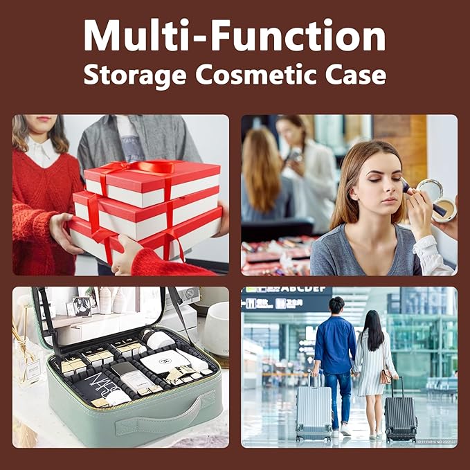 Travel Makeup Bag for Makeup Artists Large Makeup Case,with Mirror 3 Color Setting and Detachable 10x Magnifying Mirror Travel Makeup Bag,Portable Storage and Adjustable Dividers（dark brown）