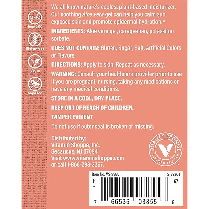 The Vitamin Shoppe Aloe Vera Gel 99% Pure - Sunburn Relief & Skin Moisturizer | After-Sun Care | 4 oz Topical | Organic Leaf Extract