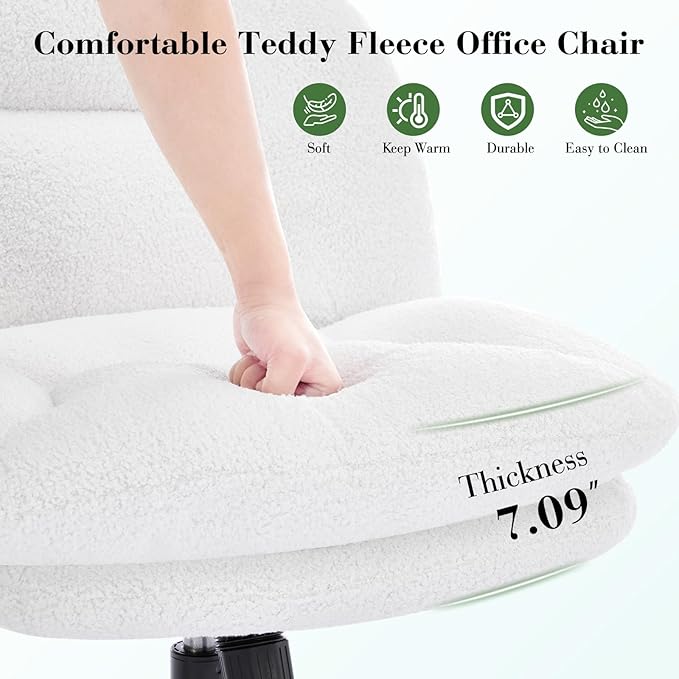 Cross Legged Office Chair, Thick Cushioned Criss Cross Chair with Wheels, Wide Seat Armless Office Chair, Height Adjustable Swivel Vanity Chair for Home and Office, White