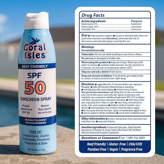 Coral Isles Sunscreen Spray SPF 50 - Hawaii Compliant - Oxybenzone & Octinoxate Free - Broad Spectrum - Water Resistant, 6 Fl Oz (Pack of 3)