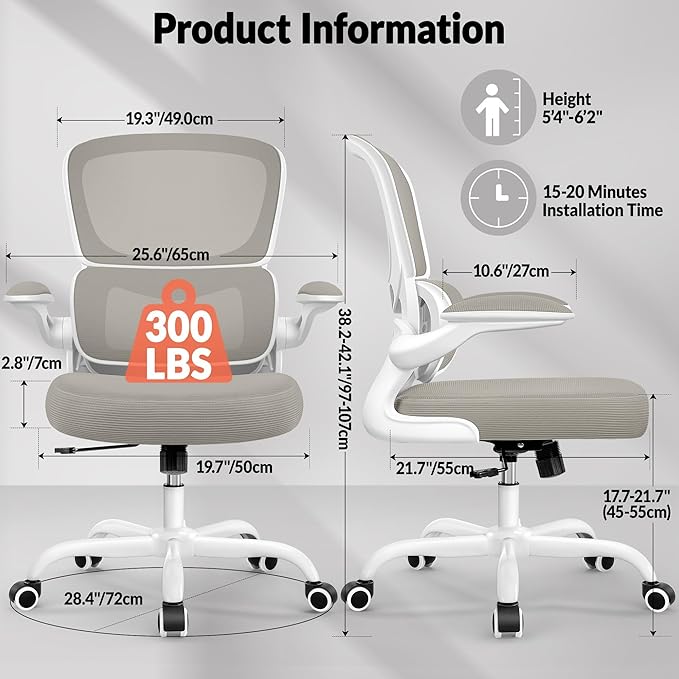 Office Chair Ergonomic Desk Chair, Breathable Mesh Comfy Chair with Lumbar Support, Home Desk Chair with Flip-up Armrests, Gaming Chair for Adults Home Office (LightGray,8Pack)