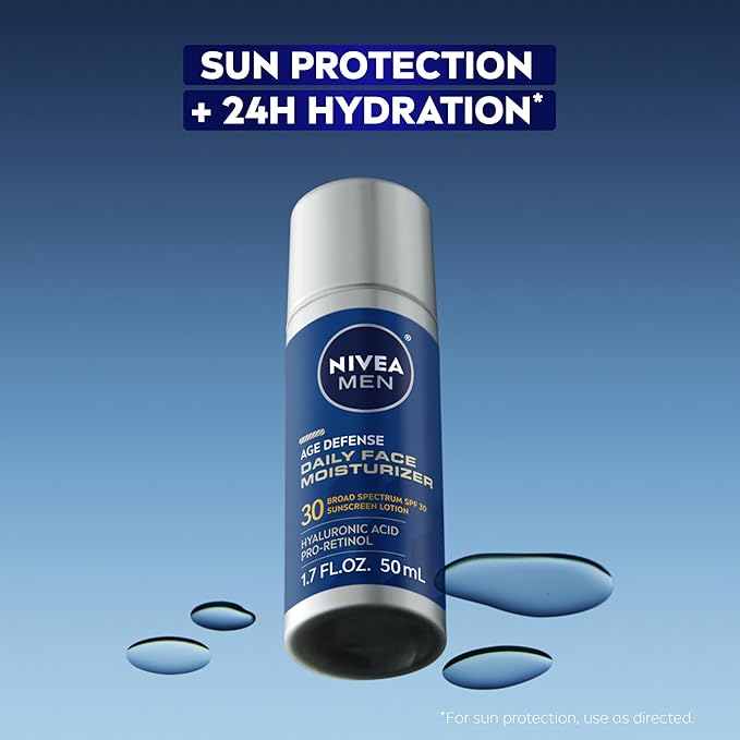 NIVEA MEN Age Defense Daily Face Moisturizer with Broad Spectrum SPF 30 Sunscreen, Pro-Retinol and Hyaluronic Acid, Beard-Friendly Face Lotion Helps Defend Against UVA/UVB Rays, 1.7 Fl Oz,(Pack of 2)